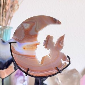6.75” Druzy Agate Fairy on Moon Crystal carving on custom stand